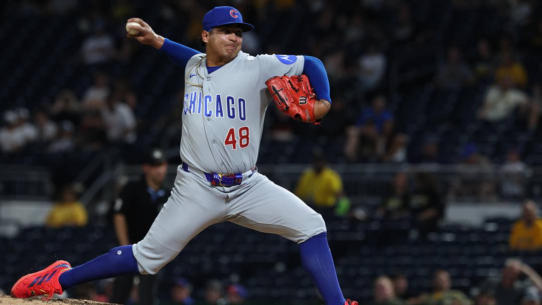 May 26, 2026; Pittsburgh, Pennsylvania, USA;  Chicago Cubs relief pitcher Daniel Palencia (48) pitches against the Pittsburgh Pirates during the seventh inning at PNC Park. Mandatory Credit: Charles LeClaire-Imagn Images