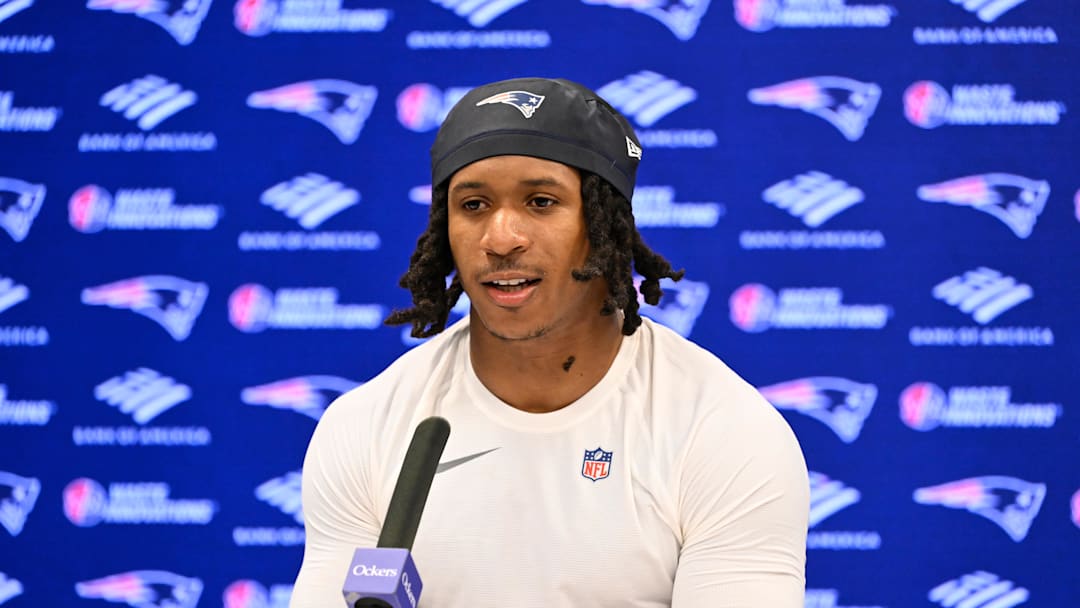 May 9, 2025; Foxborough, MA, USA; New England Patriots wide receiver Kyle Williams (18) speaks to the media after rookie camp at Gillette Stadium. Mandatory Credit: Eric Canha-Imagn Images