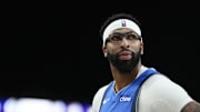 Oct 15, 2025; Las Vegas, Nevada, USA; Dallas Mavericks forward Anthony Davis (3) looks outward during the first half against the Los Angeles Lakers at T-Mobile Arena. Mandatory Credit: Lucas Peltier-Imagn Images