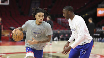 Mar 17, 2025; Houston, Texas, USA; Philadelphia 76ers guard Jalen Hood-Schifino (17) warms up before the game against the Houston Rockets at Toyota Center. Mandatory Credit: Troy Taormina-Imagn Images