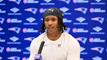 May 9, 2025; Foxborough, MA, USA; New England Patriots wide receiver Kyle Williams (18) speaks to the media after rookie camp at Gillette Stadium. Mandatory Credit: Eric Canha-Imagn Images