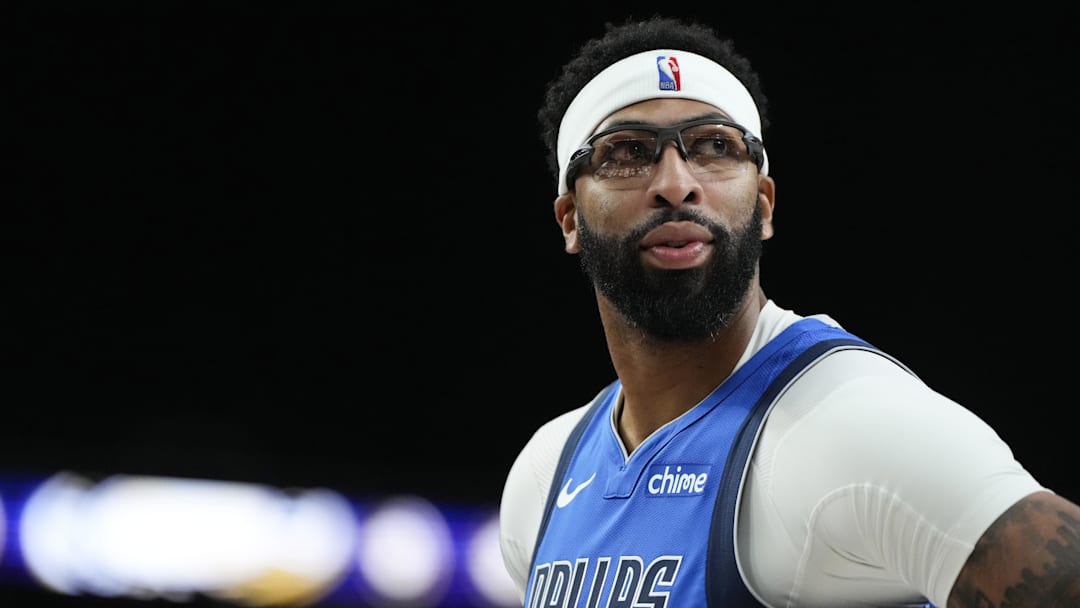 Oct 15, 2025; Las Vegas, Nevada, USA; Dallas Mavericks forward Anthony Davis (3) looks outward during the first half against the Los Angeles Lakers at T-Mobile Arena. Mandatory Credit: Lucas Peltier-Imagn Images