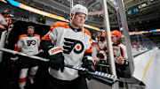 Dec 31, 2024; San Jose, California, USA; Philadelphia Flyers right wing Matvei Michkov (39) walks to the ice for warmups before the game between the San Jose Sharks and the Philadelphia Flyers at SAP Center at San Jose. Mandatory Credit: Robert Edwards-Imagn Images