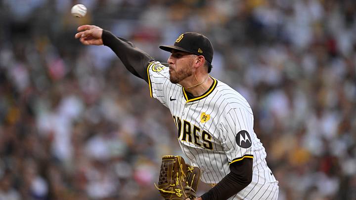 Oct 2, 2024; San Diego, California, USA; San Diego Padres pitcher Joe Musgrove (44) throws during the second inning of game two in the Wildcard round for the 2024 MLB Playoffs against the Atlanta Braves at Petco Park. Mandatory Credit: Denis Poroy-Imagn Images