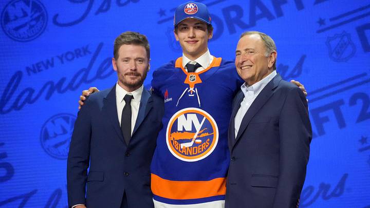 Jun 27, 2025; Los Angeles, California, USA; Victor Eklund is selected as the 16th overall pick to the New York Islanders in the first round of the 2025 NHL Draft at Peacock Theater. Mandatory Credit: Kirby Lee-Imagn Images Jun 27, 2025; Los Angeles, California, USA; Victor Eklund is selected as the 16th overall pick to the New York Islanders in the first round of the 2025 NHL Draft at Peacock Theater. Mandatory Credit: Kirby Lee-Imagn Images