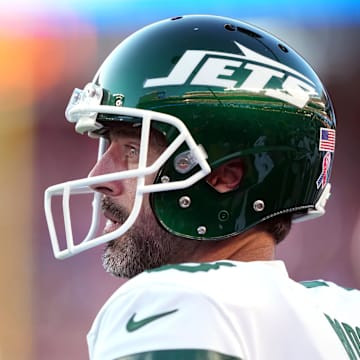 Sep 9, 2024; Santa Clara, California, USA; New York Jets quarterback Aaron Rodgers (8) stands on the sideline during the second quarter against the San Francisco 49ers at Levi's Stadium.