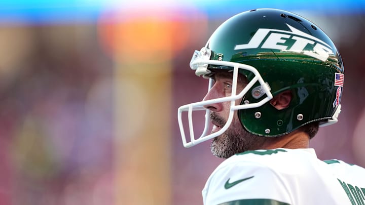 Sep 9, 2024; Santa Clara, California, USA; New York Jets quarterback Aaron Rodgers (8) stands on the sideline during the second quarter against the San Francisco 49ers at Levi's Stadium.