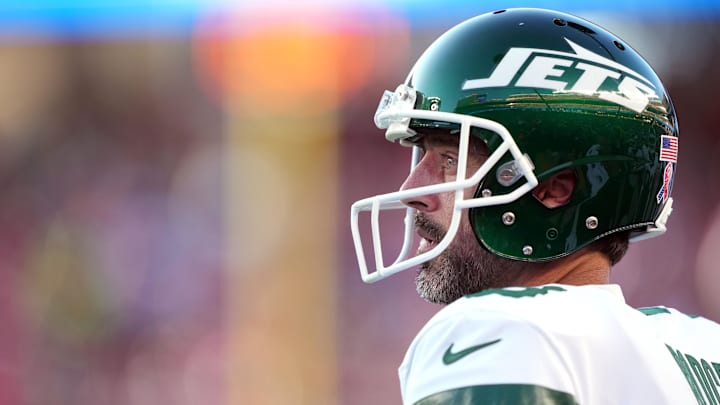 Sep 9, 2024; Santa Clara, California, USA; New York Jets quarterback Aaron Rodgers stands on the sideline.