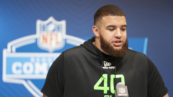 Mar 1, 2025; Indianapolis, IN, USA; Clemson University offensive lineman Marcus Tate (OL40) answers questions at a press conference during the 2025 NFL Combine at Indiana Convention Center. Mandatory Credit: Jacob Musselman-Imagn Images