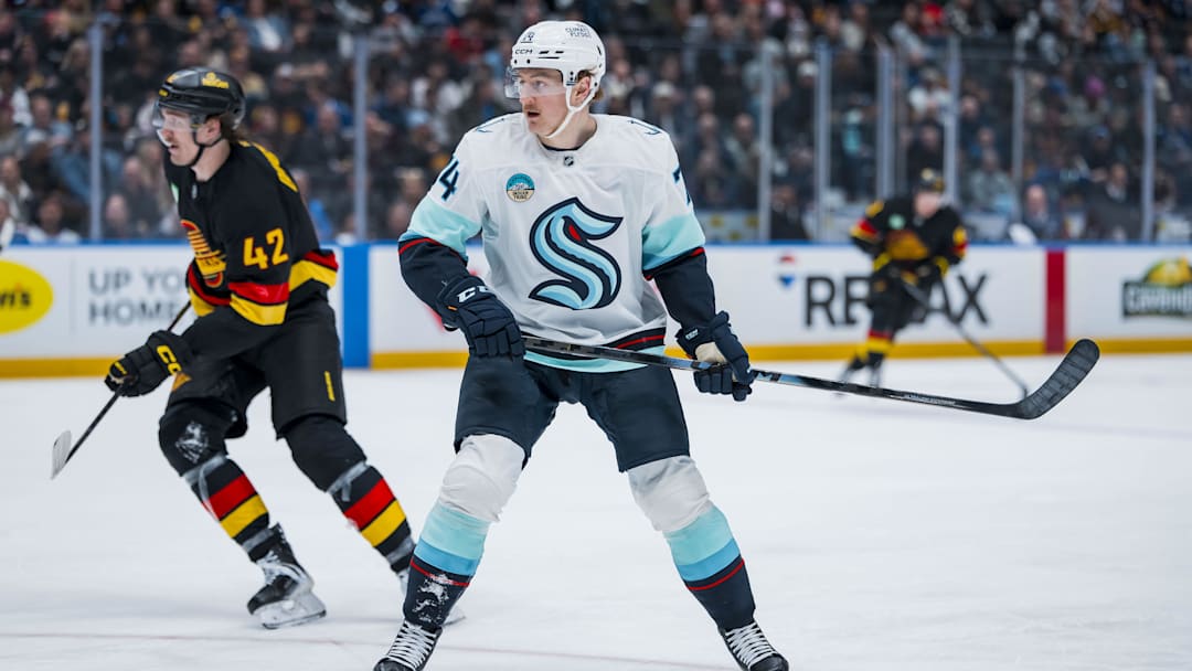 Mar 14, 2026; Vancouver, British Columbia, CAN; Seattle Kraken forward Bobby McMann (74) skates against the Vancouver Canucks in the second period at Rogers Arena. Mandatory Credit: Bob Frid-Imagn Images
