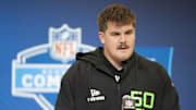 Mar 1, 2025; Indianapolis, IN, USA; North Dakota State University offensive lineman Grey Zabel (OL50) answers questions at a press conference during the 2025 NFL Combine at Indiana Convention Center. Mandatory Credit: Jacob Musselman-Imagn Images