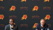 May 17, 2024; Phoenix, AZ, USA; Mike Budenholzer speaks alongside General Manager James Jones during a press conference to announce his job as head coach of the Phoenix Suns. Mandatory Credit: Joe Camporeale-USA TODAY Sports