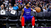 Jan 1, 2025; Sacramento, California, USA; Philadelphia 76ers forward Paul George (8) during the game against the Sacramento Kings at Golden 1 Center. Mandatory Credit: Sergio Estrada-Imagn Images