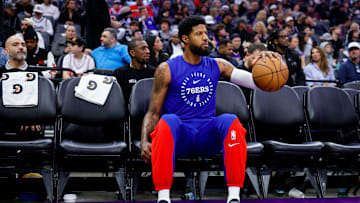 Jan 1, 2025; Sacramento, California, USA; Philadelphia 76ers forward Paul George (8) during the game against the Sacramento Kings at Golden 1 Center. Mandatory Credit: Sergio Estrada-Imagn Images
