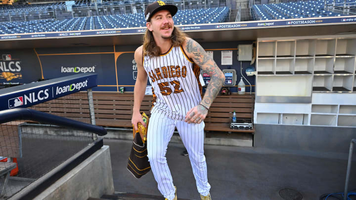 Oct 19, 2022; San Diego, California, USA; San Diego Padres starting pitcher Mike Clevinger (52) runs