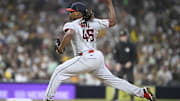 Mar 31, 2025; San Diego, California, USA; Cleveland Guardians pitcher Luis L. Ortiz (45) throws a pitch during the first inning against the San Diego Padres at Petco Park. Mandatory Credit: Denis Poroy-Imagn Images