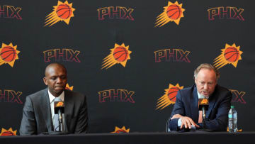 May 17, 2024; Phoenix, AZ, USA; Mike Budenholzer speaks alongside General Manager James Jones during