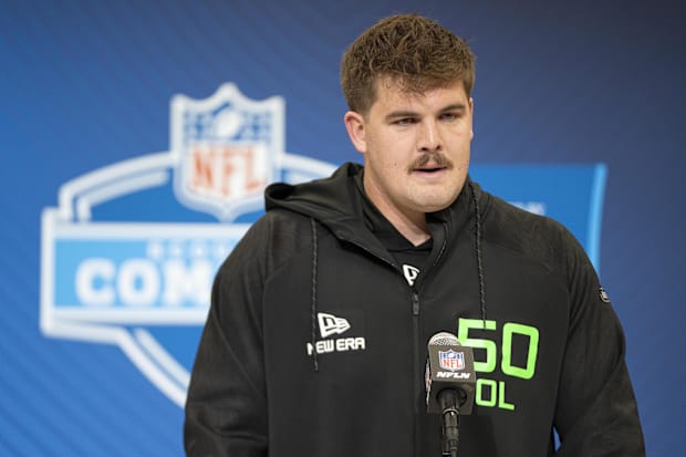 North Dakota State University lineman Grey Zabel answers questions at a press conference during the 2025 NFL Combine.
