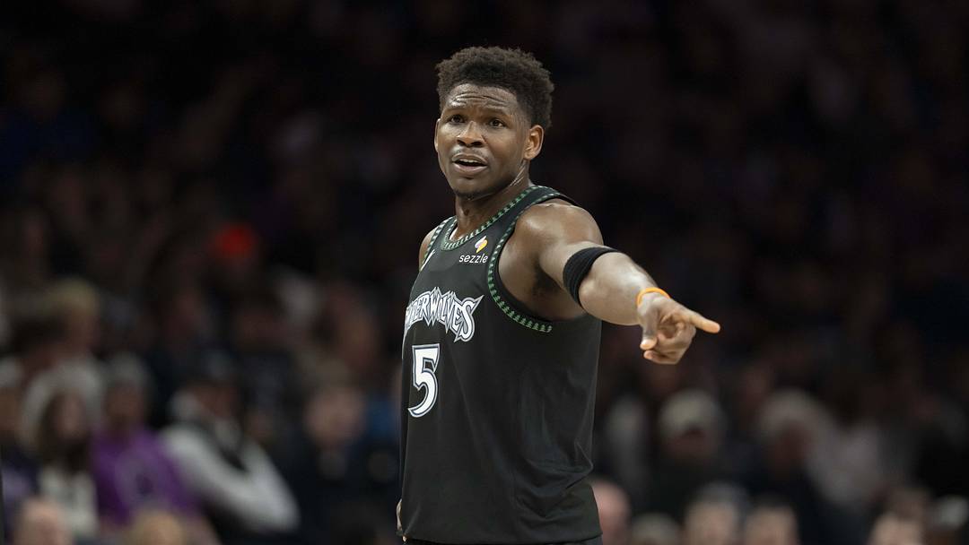 Mar 5, 2026; Minneapolis, Minnesota, USA; Minnesota Timberwolves guard Anthony Edwards (5) looks on during a free throws against the Toronto Raptors in the first half at Target Center. Mandatory Credit: Jesse Johnson-Imagn Images