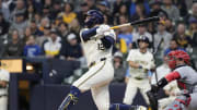 May 9, 2024; Milwaukee, Wisconsin, USA;  Milwaukee Brewers first baseman Rhys Hoskins (12) hits a