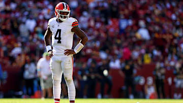 Oct 6, 2024; Landover, Maryland, USA; Cleveland Browns quarterback Deshaun Watson (4) waits for a play during the fourth quarter against the Washington Commanders at NorthWest Stadium. Mandatory Credit: Peter Casey-Imagn Images