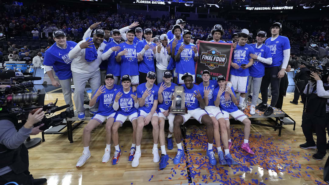 Mar 29, 2025; San Francisco, CA, USA; The Florida Gators pose for a photo after defeating the Texas Tech Red Raiders during the West Regional final of the 2025 NCAA tournament at Chase Center. Mandatory Credit: Kyle Terada-Imagn Images