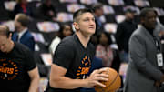 Mar 9, 2025; Dallas, Texas, USA; Phoenix Suns guard Grayson Allen (8) warms up before the game between the Dallas Mavericks and the Phoenix Suns at the American Airlines Center. Mandatory Credit: Jerome Miron-Imagn Images