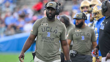 Nov 30, 2024; Pasadena, California, USA; UCLA Bruins head coach DeShaun Foster on the sidelines during the third quarter against the Fresno State Bulldogs at Rose Bowl. Mandatory Credit: Robert Hanashiro-Imagn Images