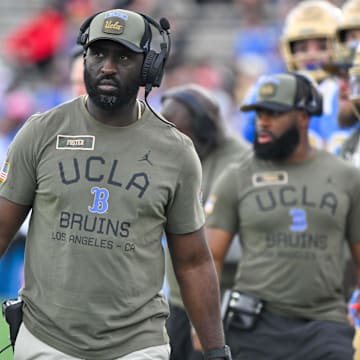 Nov 30, 2024; Pasadena, California, USA; UCLA Bruins head coach DeShaun Foster on the sidelines during the third quarter against the Fresno State Bulldogs at Rose Bowl. Mandatory Credit: Robert Hanashiro-Imagn Images