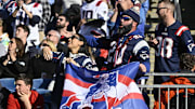 Nov 2, 2025; Foxborough, Massachusetts, USA; New England Patriots fans cheer during the first half of the game against the Atlanta Falcons at Gillette Stadium. Mandatory Credit: Eric Canha-Imagn Images