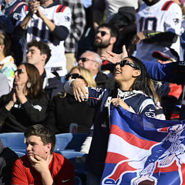 Nov 2, 2025; Foxborough, Massachusetts, USA; New England Patriots fans cheer during the first half of the game against the Atlanta Falcons at Gillette Stadium. Mandatory Credit: Eric Canha-Imagn Images