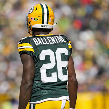 Oct 13, 2024; Green Bay, Wisconsin, USA;  Green Bay Packers cornerback Corey Ballentine (26) during the game against the Arizona Cardinals at Lambeau Field. 