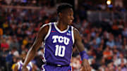 Mar 19, 2023; Denver, CO, USA; TCU Horned Frogs guard Damion Baugh (10) celebrates in the first half against the Gonzaga Bulldogs at Ball Arena. Mandatory Credit: Michael Ciaglo-Imagn Images
