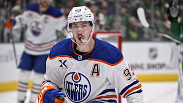 May 23, 2025; Dallas, Texas, USA; Edmonton Oilers center Ryan Nugent-Hopkins (93) reacts after scoring a goal against the Dallas Stars in the first period for game two of the Western Conference Final of the 2025 Stanley Cup Playoffs at American Airlines Center. Mandatory Credit: Jerome Miron-Imagn Images