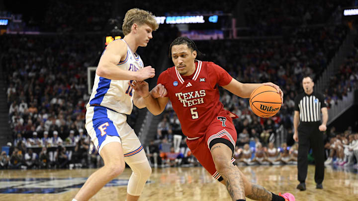 Mar 29, 2025; San Francisco, CA, USA; Texas Tech Red Raiders forward Darrion Williams (5) drives to the hoop past Florida Gators forward Thomas Haugh (10) during the second half during the West Regional final of the 2025 NCAA tournament at Chase Center. Mandatory Credit: Eakin Howard-Imagn Images