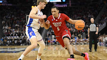 Mar 29, 2025; San Francisco, CA, USA; Texas Tech Red Raiders forward Darrion Williams (5) drives to the hoop past Florida Gators forward Thomas Haugh (10) during the second half during the West Regional final of the 2025 NCAA tournament at Chase Center. Mandatory Credit: Eakin Howard-Imagn Images
