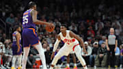 Mar 7, 2024; Phoenix, Arizona, USA; Toronto Raptors guard RJ Barrett (9) guards Phoenix Suns forward Kevin Durant (35) during the first half at Footprint Center. Mandatory Credit: Joe Camporeale-Imagn Images