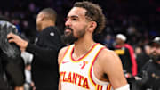 Apr 11, 2025; Philadelphia, Pennsylvania, USA; Atlanta Hawks guard Trae Young (11) looks on after the game against the Philadelphia 76ers at Wells Fargo Center. Mandatory Credit: Kyle Ross-Imagn Images
