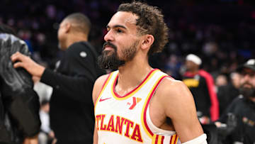Apr 11, 2025; Philadelphia, Pennsylvania, USA; Atlanta Hawks guard Trae Young (11) looks on after the game against the Philadelphia 76ers at Wells Fargo Center. Mandatory Credit: Kyle Ross-Imagn Images