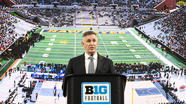 Jul 23, 2024; Indianapolis, IN, USA;  Big Ten commissioner Tony Petitti speaks to the media during the Big 10 football media 