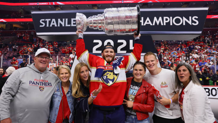 Panthers forward Matthew Tkachuk celebrates winning the Stanley Cup after defeating the Edmonton Oilers in Game 7 of the 2024 Stanley Cup Final at Amerant Bank Arena. Panthers forward Matthew Tkachuk celebrates winning the Stanley Cup after defeating the Edmonton Oilers in Game 7 of the 2024 Stanley Cup Final at Amerant Bank Arena.