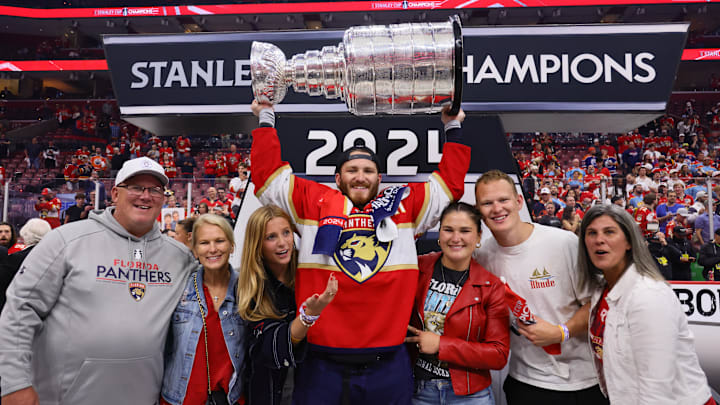 Jun 24, 2024; Sunrise, Florida, USA; Florida Panthers forward Matthew Tkachuk (19) celebrates winning the Stanley Cup after defeating the Edmonton Oilers in game seven of the 2024 Stanley Cup Final at Amerant Bank Arena. Mandatory Credit: Sam Navarro-Imagn Images