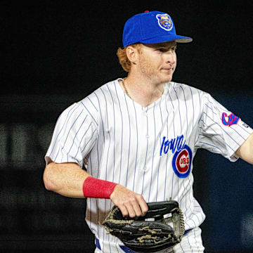Iowa Cubs' Owen Caissie (17) makes his way to the dugout on Friday, March 28, 2025, at Principal Park in Des Moines.