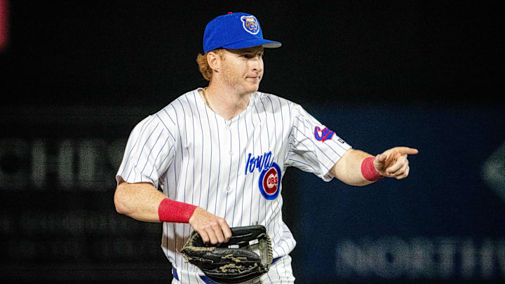 Iowa Cubs' Owen Caissie (17) makes his way to the dugout on Friday, March 28, 2025, at Principal Park in Des Moines.