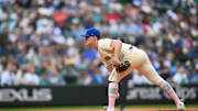 Seattle Mariners relief pitcher Troy Taylor (59) looks for a pitch sign during the eighth inning against the Toronto Blue Jays at T-Mobile Park on May 11.