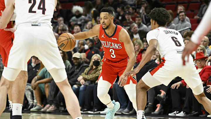 Mar 30, 2022; Portland, Oregon, USA;  New Orleans Pelicans guard CJ McCollum (3) dribbles the ball