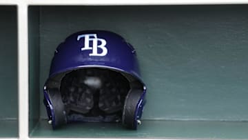Aug 16, 2025; San Francisco, California, USA; A Tampa Bay Rays helmet sits in the dugout before the game against the San Francisco Giants at Oracle Park. Mandatory Credit: Darren Yamashita-Imagn Images