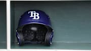 Aug 16, 2025; San Francisco, California, USA; A Tampa Bay Rays helmet sits in the dugout before the game against the San Francisco Giants at Oracle Park. Mandatory Credit: Darren Yamashita-Imagn Images