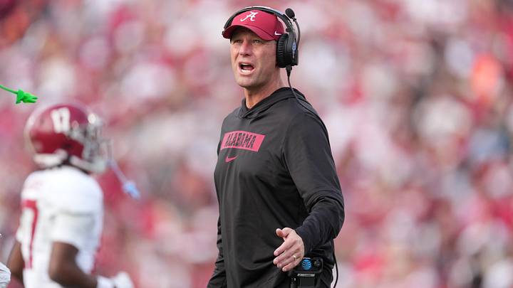Jan 1, 2026; Pasadena, CA, USA; Alabama Crimson Tide head coach Kalen DeBoer looks on in the second half against the Indiana Hoosiers in the 2026 Rose Bowl and quarterfinal game of the College Football Playoff at Rose Bowl Stadium. Mandatory Credit: Kirby Lee-Imagn Images