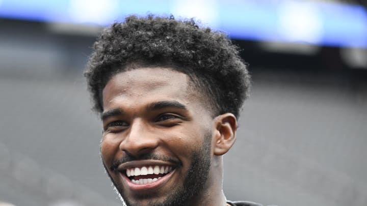 Jul 10, 2024; Las Vegas, NV, USA; Colorado Buffaloes quarterback Shedeur Sanders speaks to the media during the Big 12 Media Days at Allegiant Stadium. Mandatory Credit: Candice Ward-USA TODAY Sports